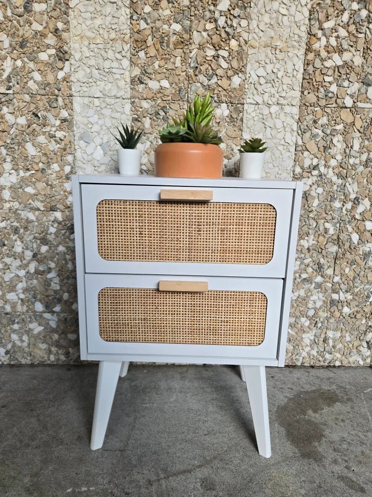 Single White 2 Drawer Nightstand With Cane Rattan Accents