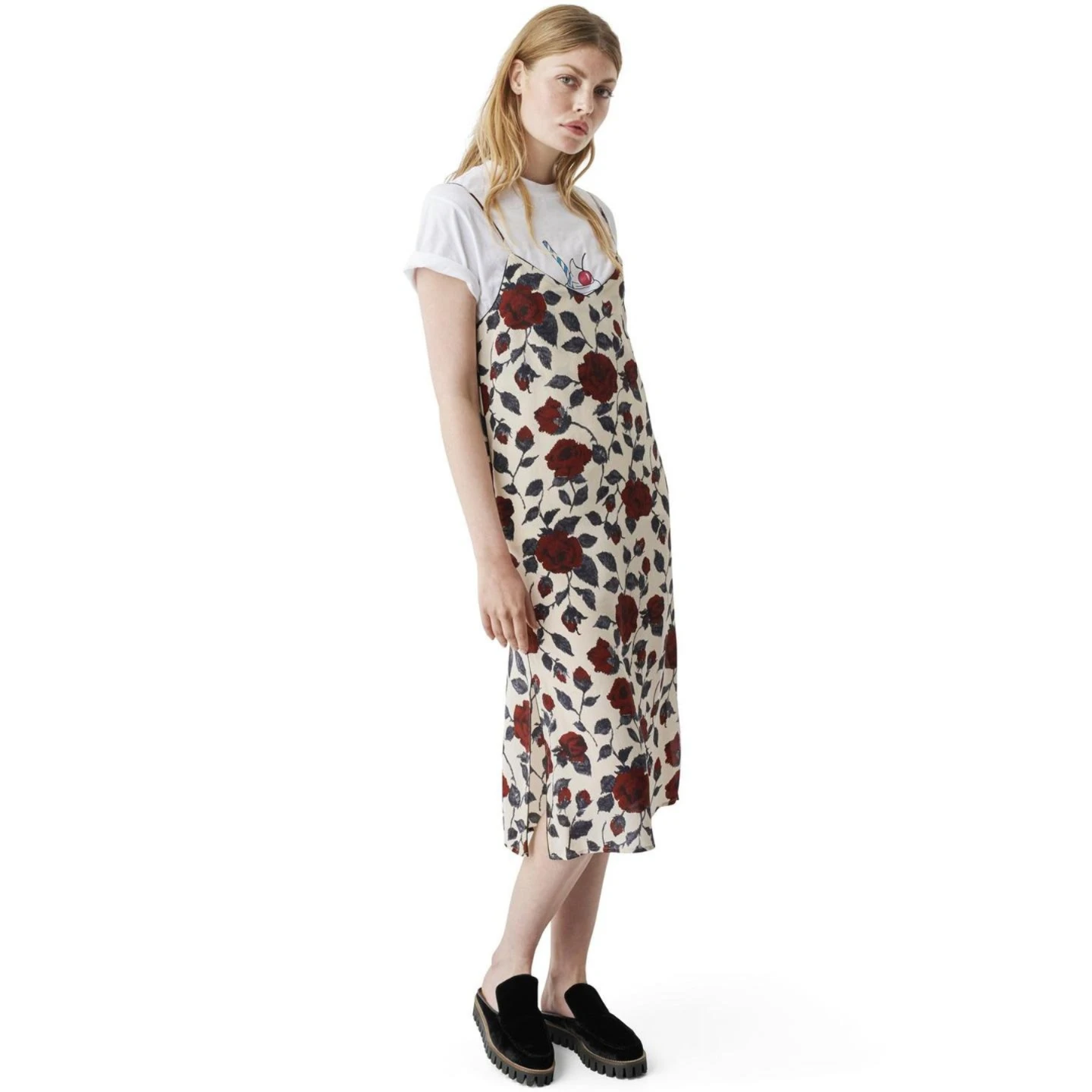 Ganni V-neck Rose Print Slip Silk Dress - photo 2