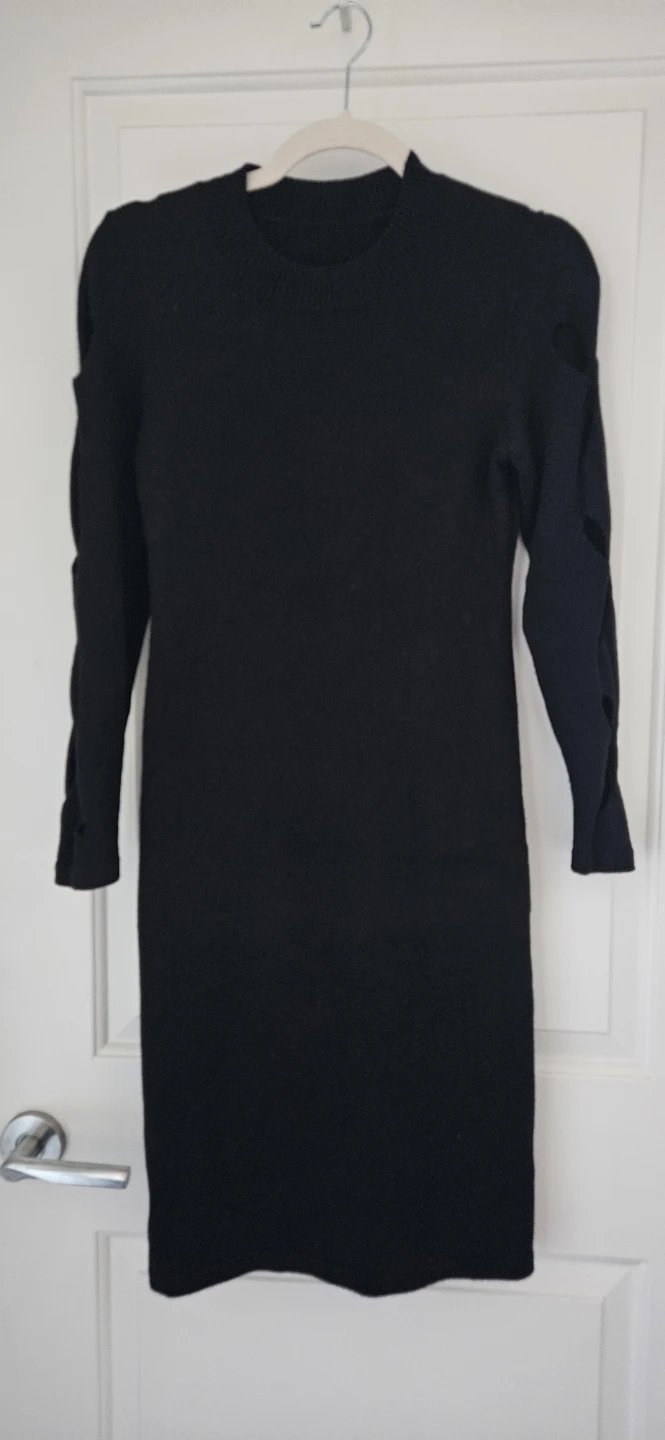 Black Knit Sweater Dress with Cut- Sleeve Detail, Size Medium