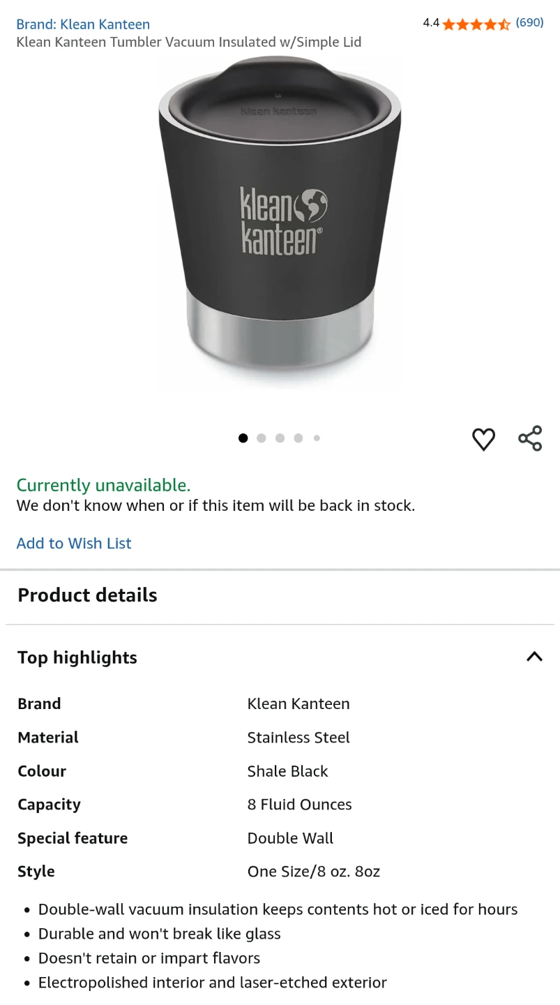 KLEAN KANTEEN Vacuum Insulated tumblers w lids 8oz Shale Black - photo 4