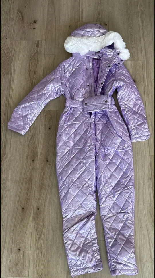 Women's One Piece Snowsuit With Fir Lined Hood Belt Purse size M