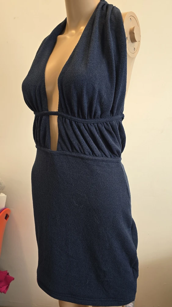 Navy stretchy terrycloth Halter Dress S #Cleanout