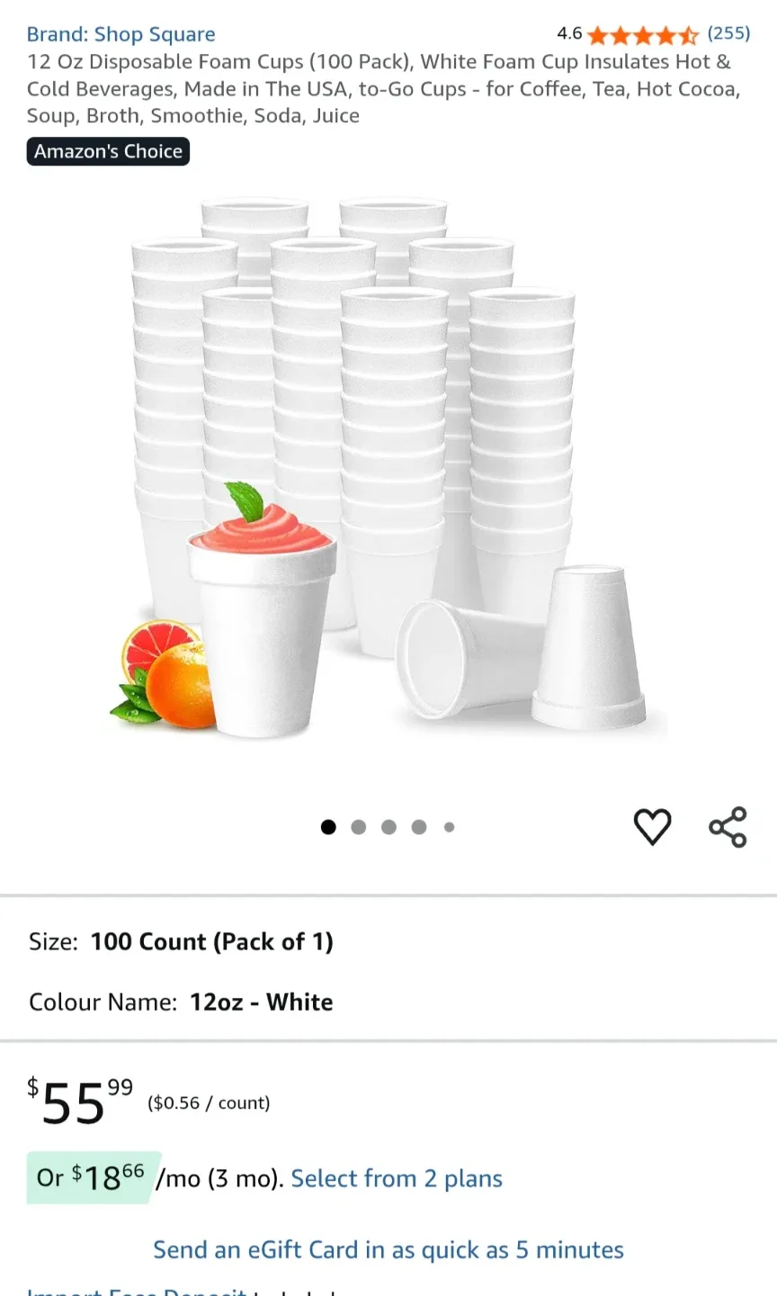 12oz Disposable Foam Cups (100 Pack)
