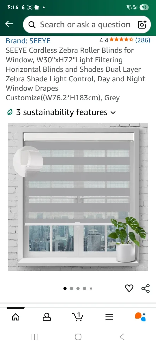 Cordless Zebra Roller Blinds, Grey, 30"x72"