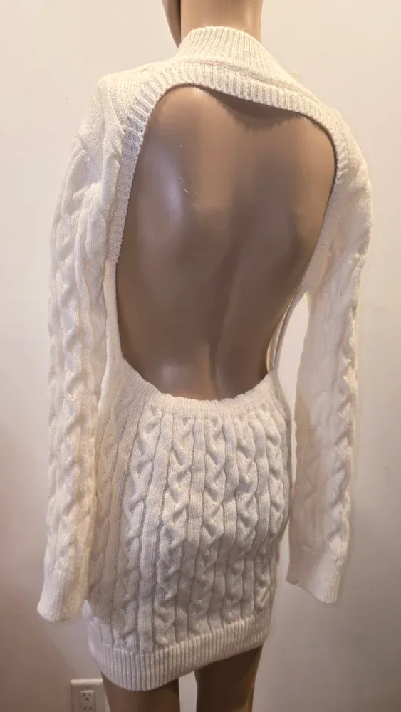 Cable Knit Backless Sweater Dress - White