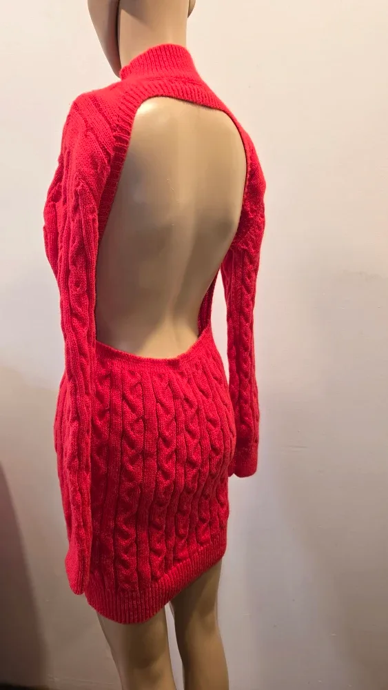 Red Cable Knit Open Back dress #Cleanout