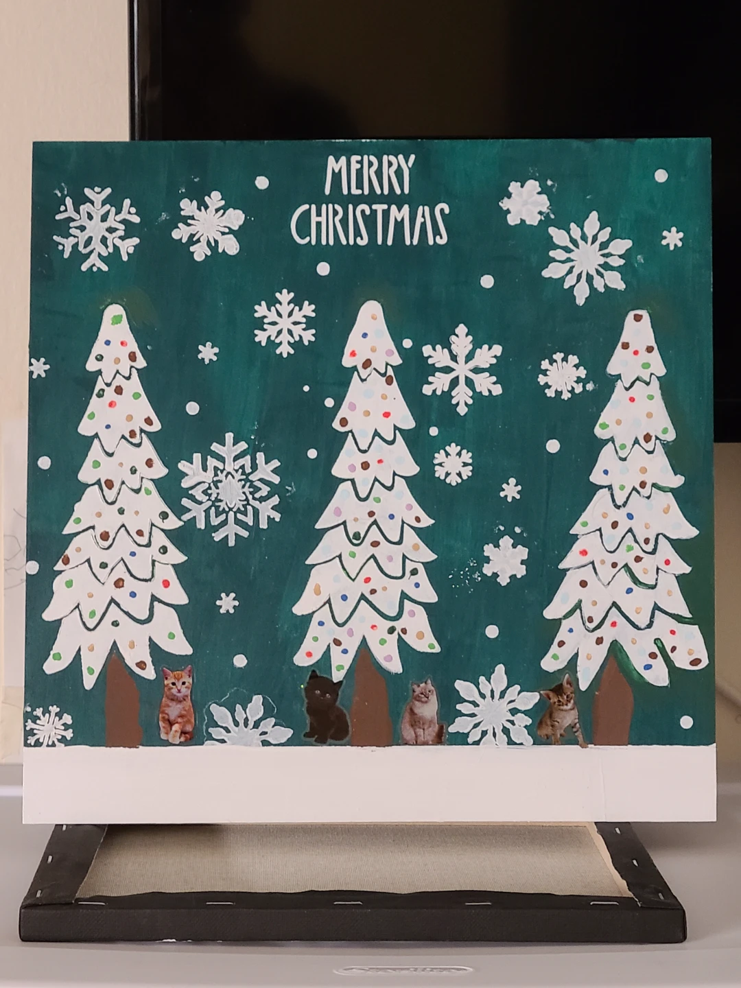 Merry Christmas Canvas Painting with Cats