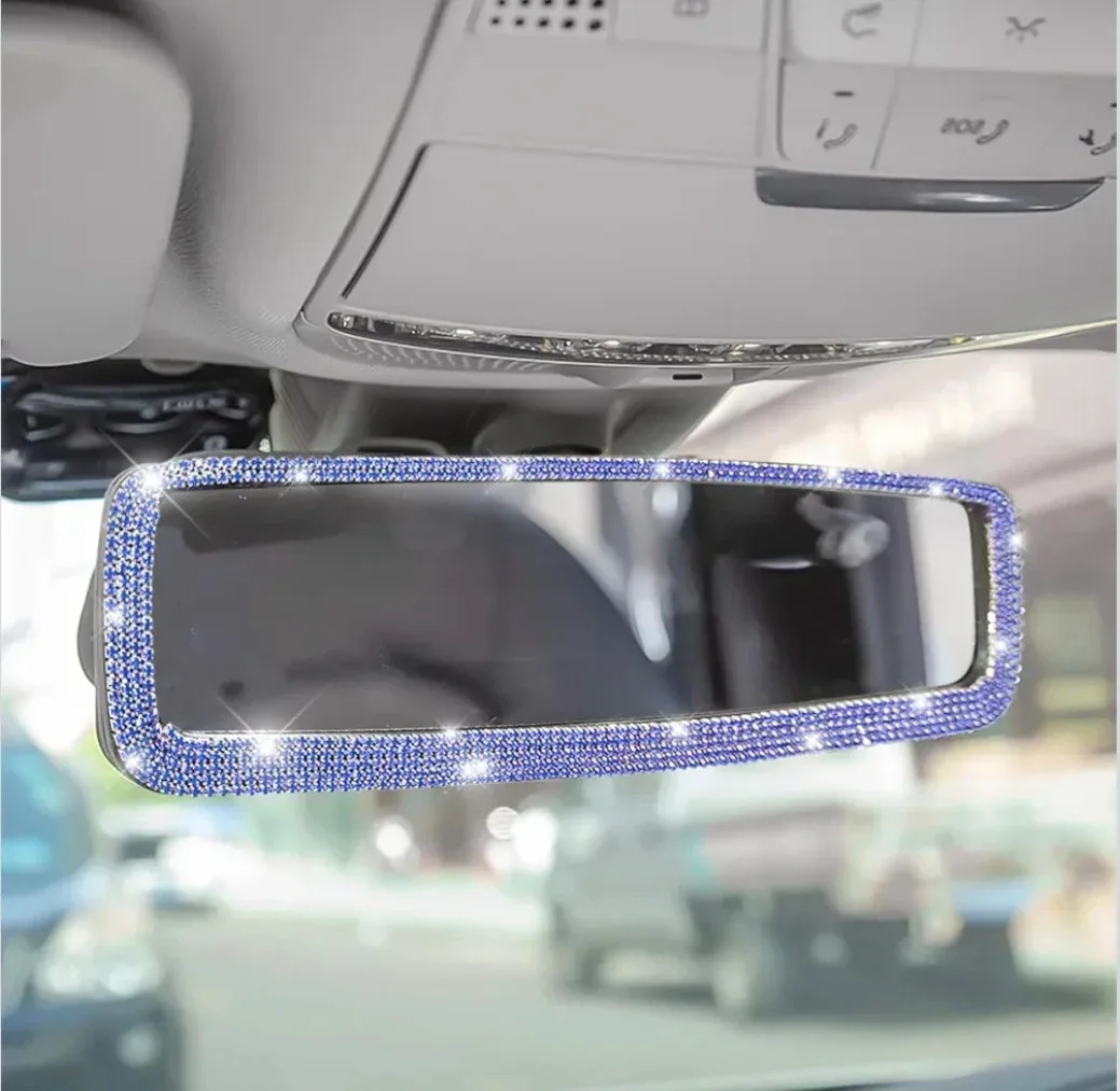 Bling Car Rearview Mirror, Crystal Rhinestones Clip-on Blue