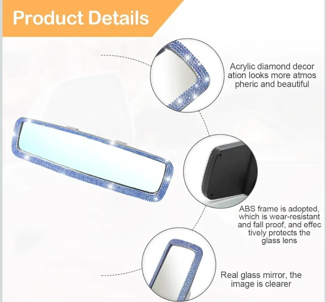 Bling Car Rearview Mirror, Crystal Rhinestones Clip-on Blue image indicator(6)