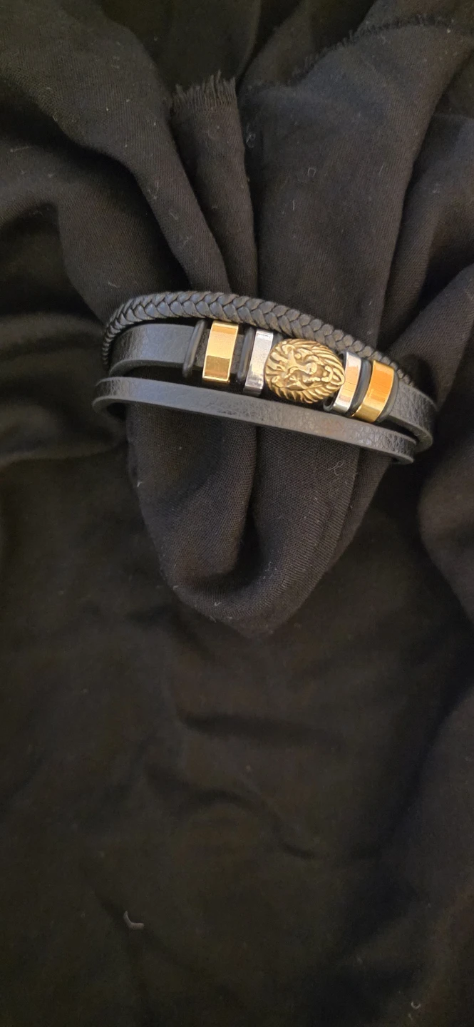 Lion Head Leather Bracelet - Black & Gold