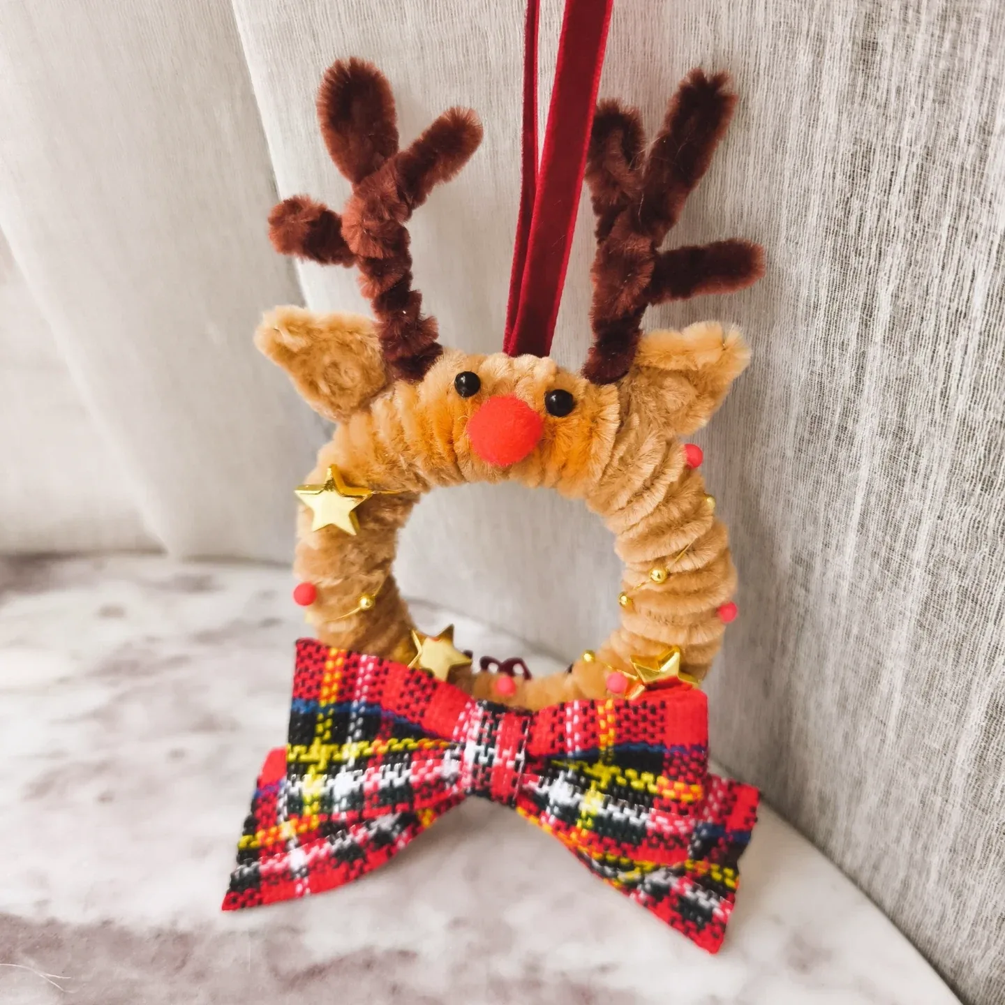 Reindeer Christmas Ornament with Plaid Bow.#Cleanout