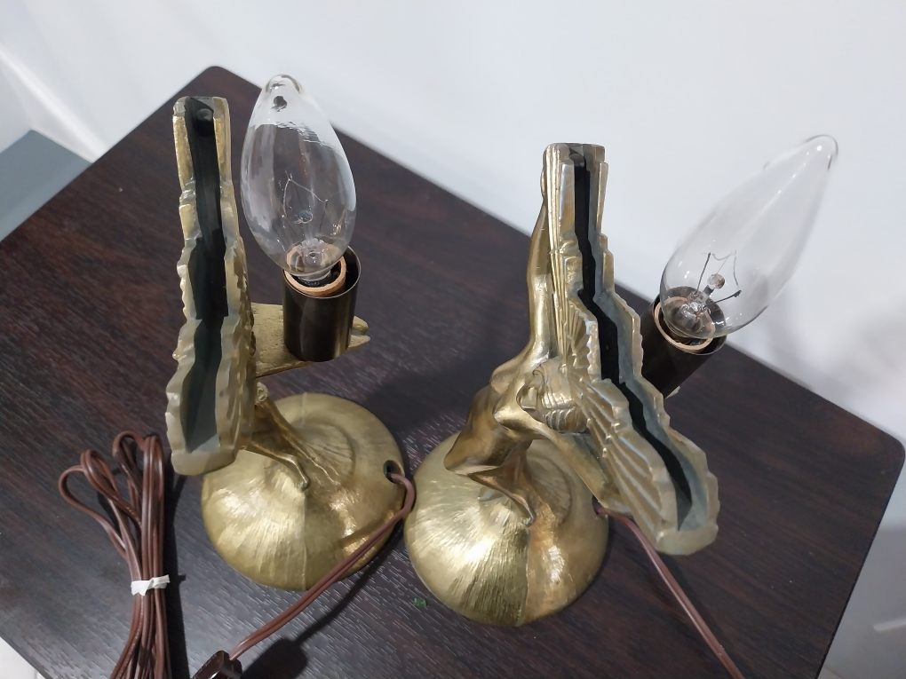 Art Deco Lady Sculpture Victory Metal Table Lamp Pair - photo 5
