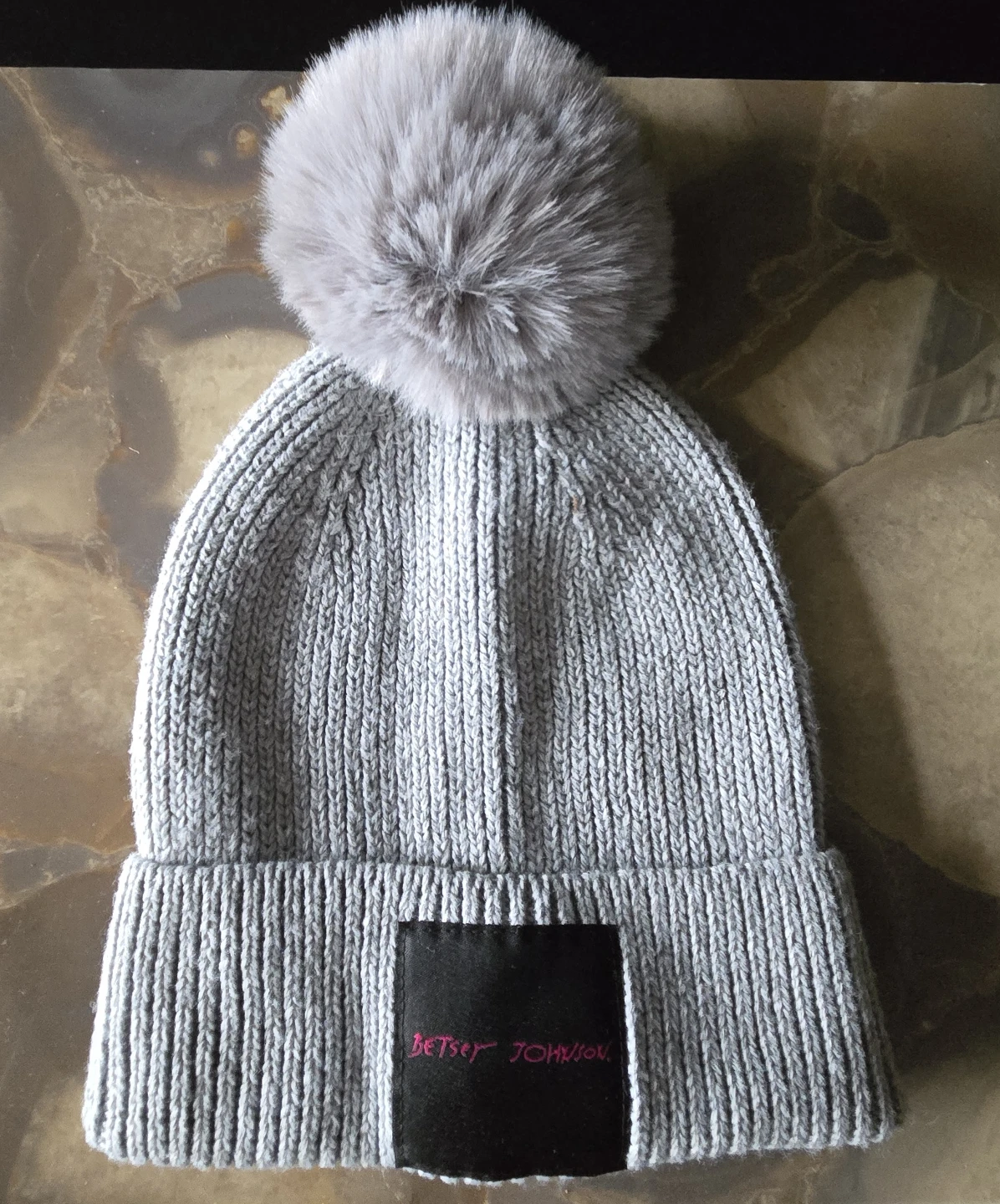 Betsey Johnson Grey Knit Pom Pom Beanie