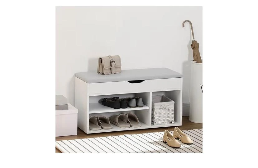 White Shoe Storage Bench with Grey PU Leather Seat