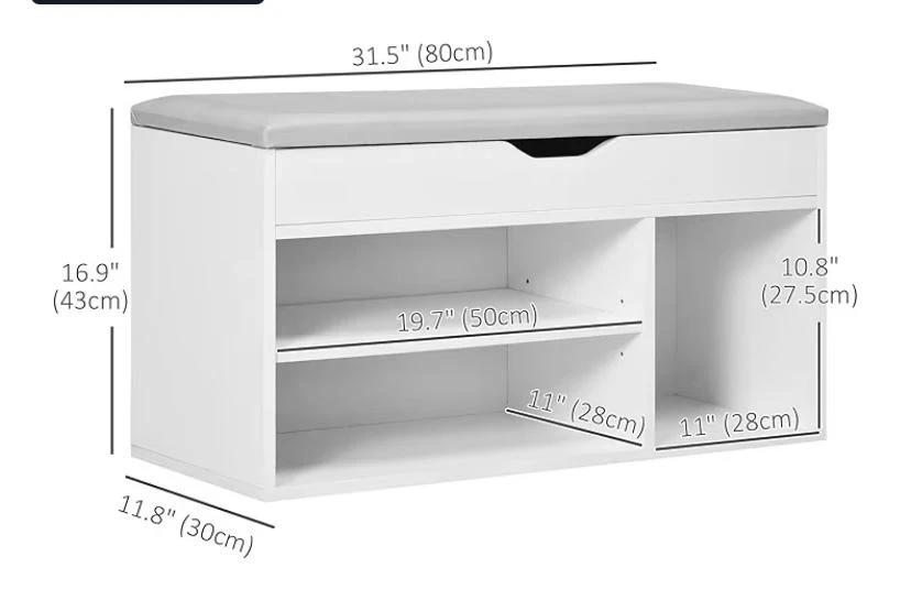 White Shoe Storage Bench with Grey PU Leather Seat - photo 2