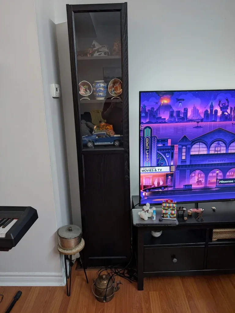 Tall dark brown glass door cabinet