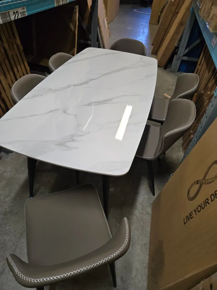 72 inch Dining Table with 6 Chairs - White Marble Top