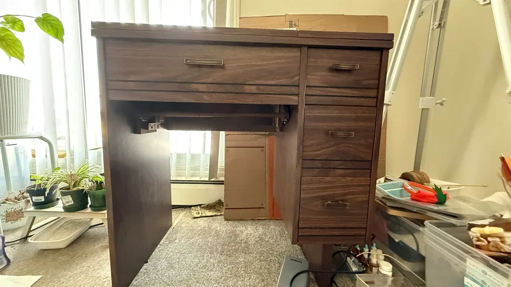 Brown Wooden Desk with Drawers swing table