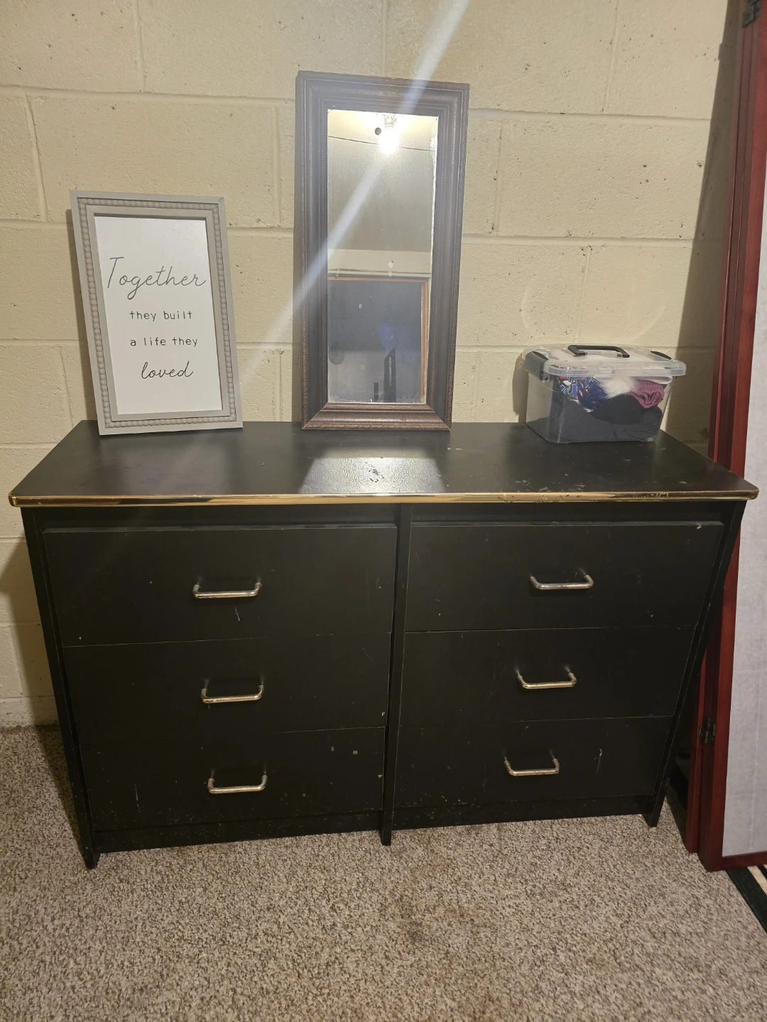 Black 6 Drawer Dresser with Gold Trim and Handles