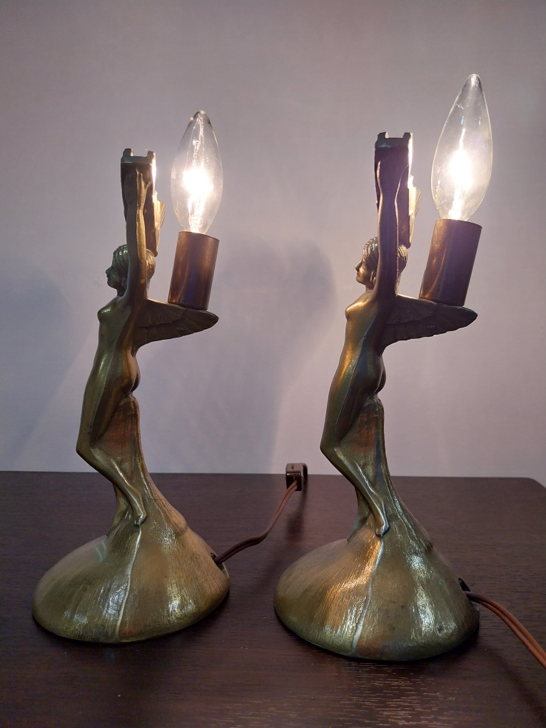Art Deco Lady Sculpture Victory Metal Table Lamp Pair - photo 2