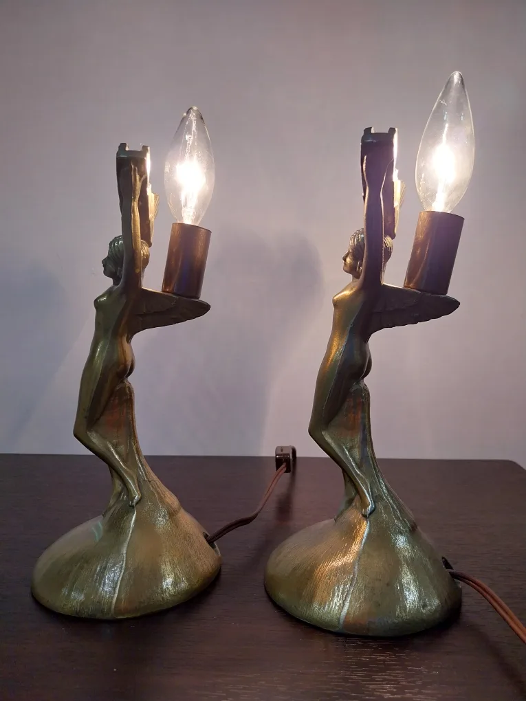 Art Deco Lady Sculpture Victory Metal Table Lamp Pair image indicator(2)