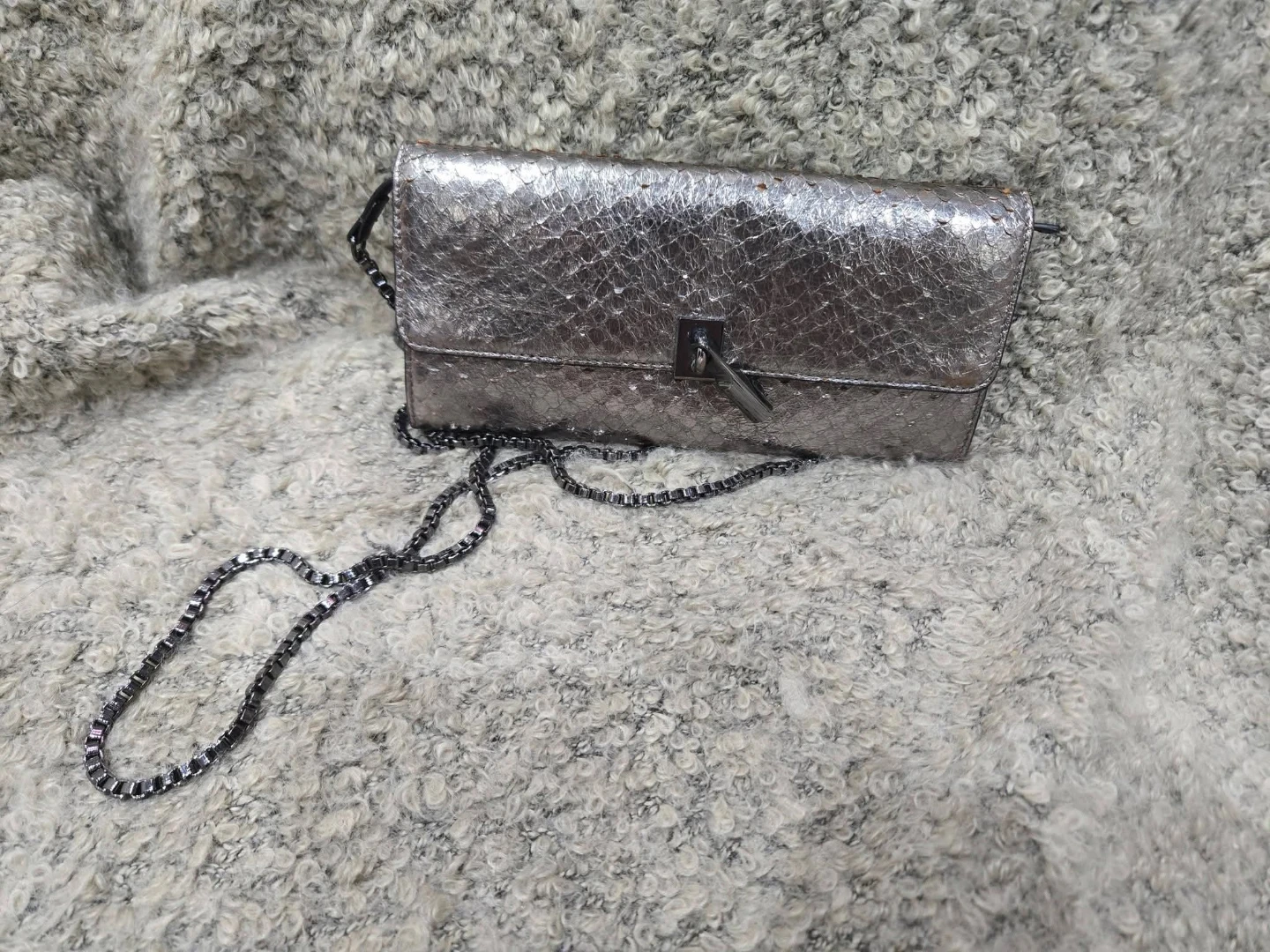 Silver Snakeskin Print Chain Bag