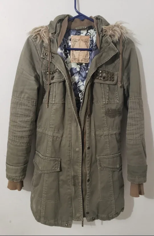 Guess Jeans Olive Green Fur Hooded Jacket - XS