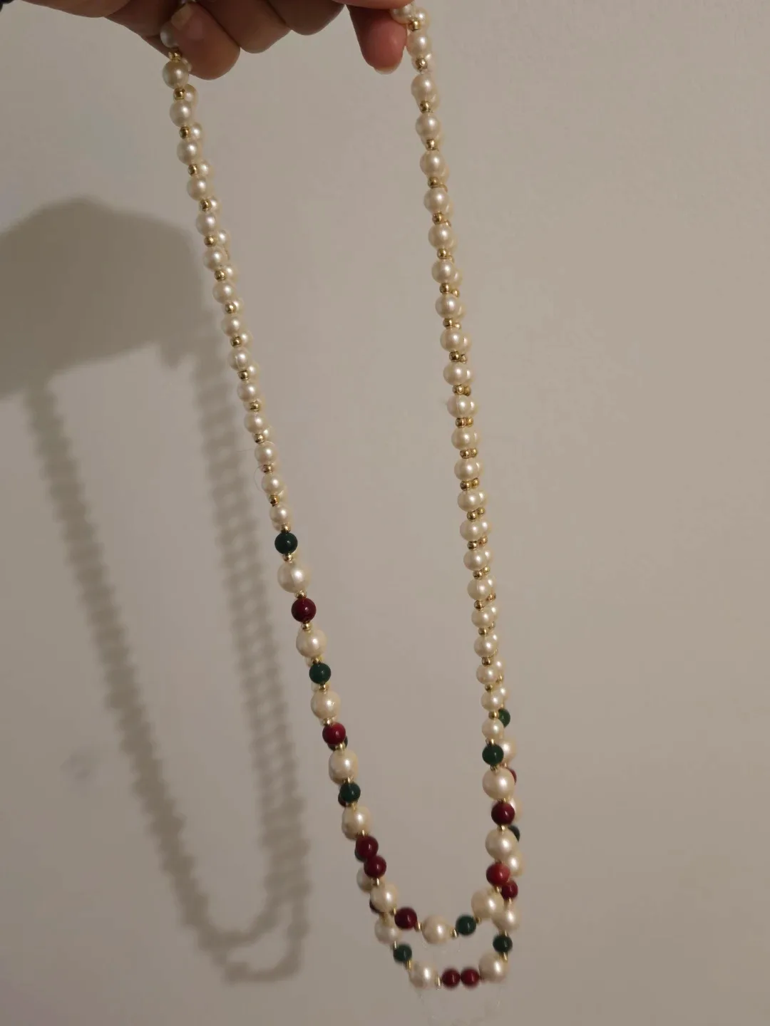 Pearl Necklace with Red and Green Accents