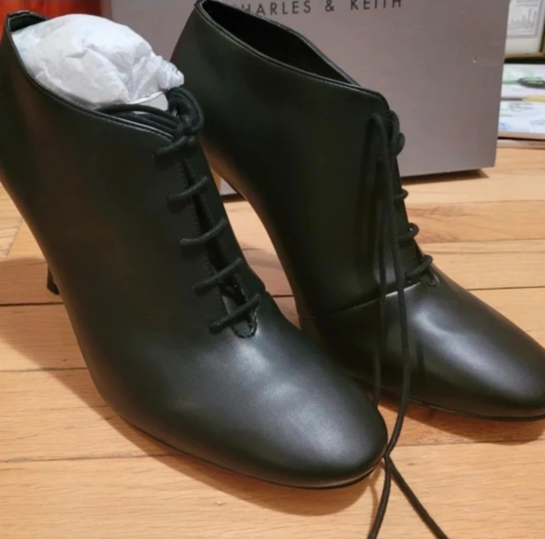 Charles & Keith Black Lace-Up Heeled Booties, Size 38