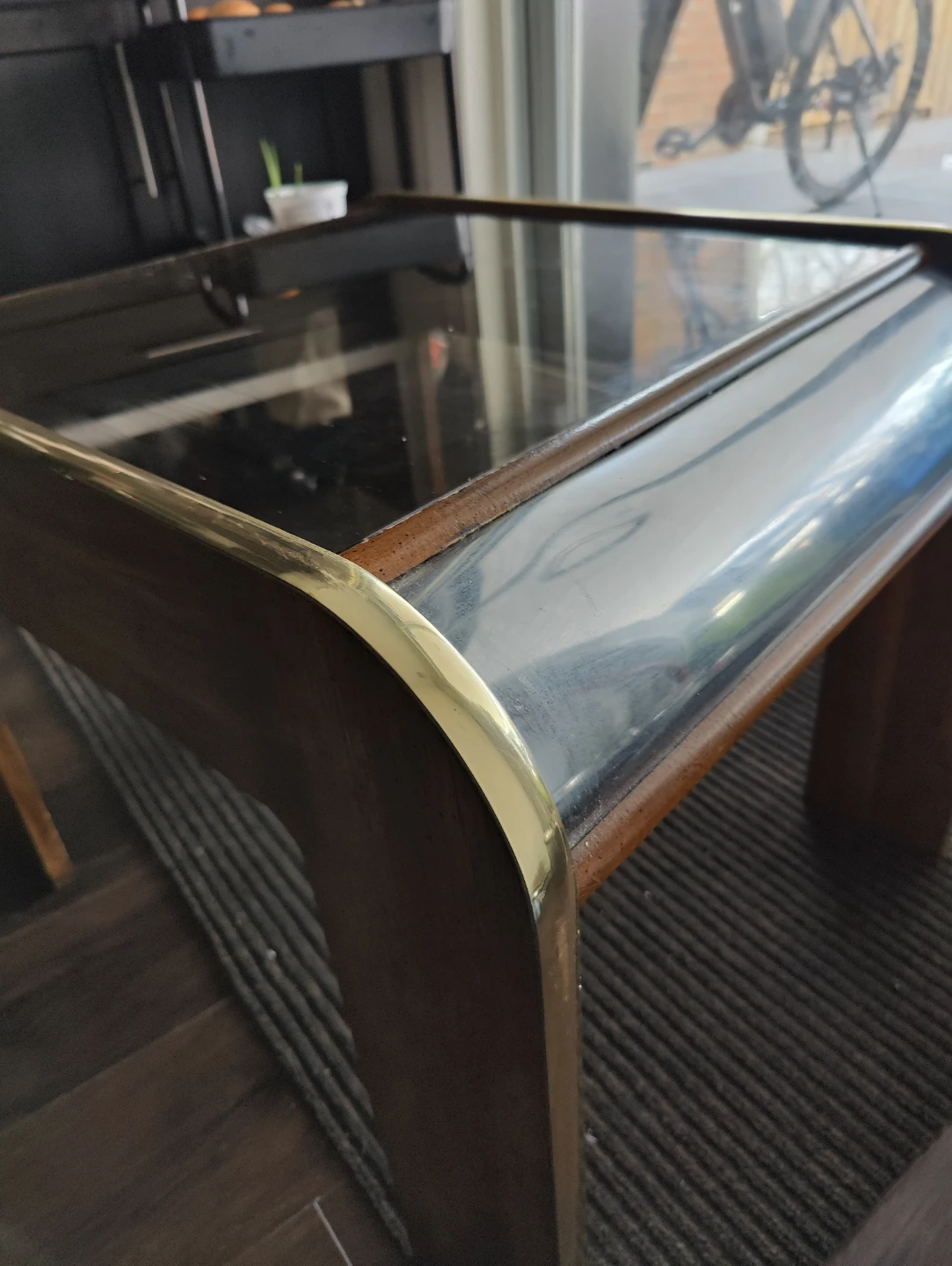 Glass Top Coffee Table - Wood and Brass Trim