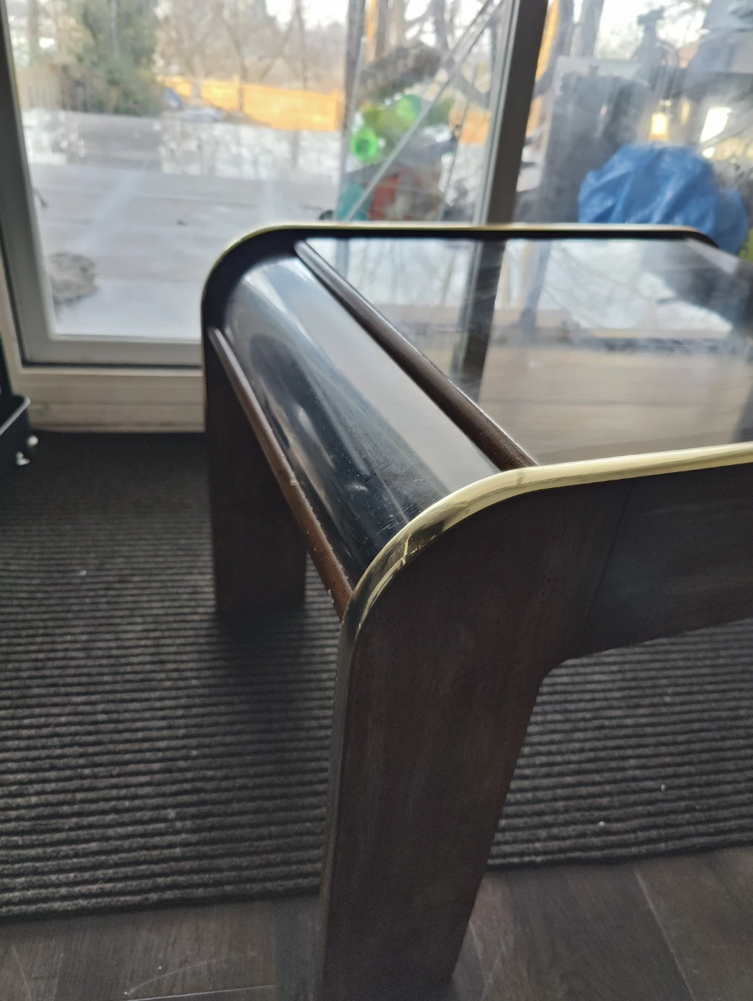 Glass Top Coffee Table - Wood and Brass Trim - photo 2