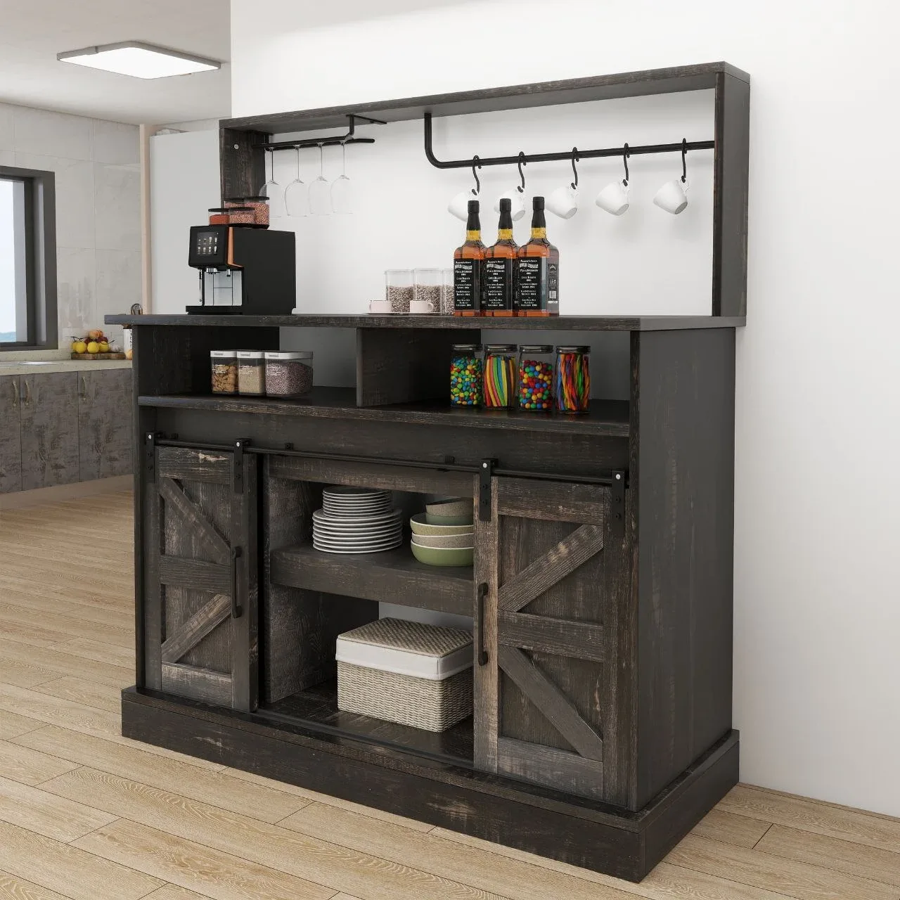 Rustic Black Bar Cabinet with Sliding Doors image indicator(3)