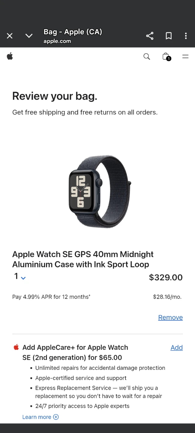 Apple Watch SE 40mm Midnight Aluminium Case with Ink Sport Loop