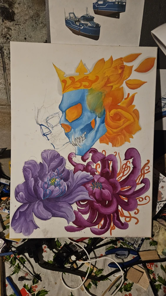 Original Skull & Floral Painting - photo 3
