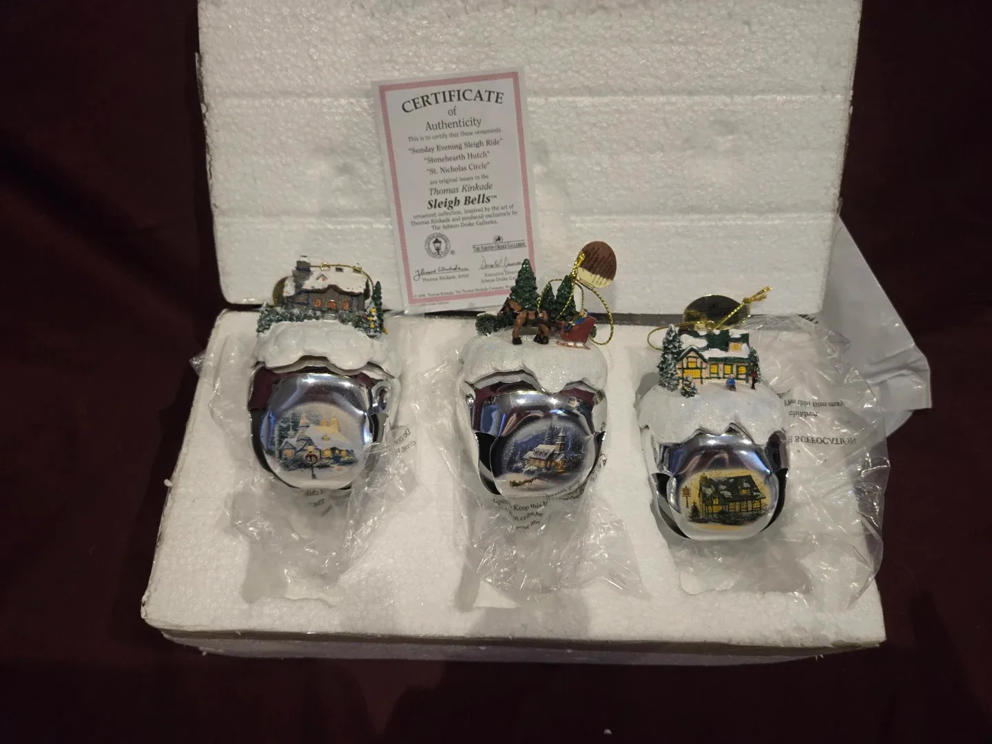 Thomas Kinkade Sleigh Bells Ornament Collection - Set of 3