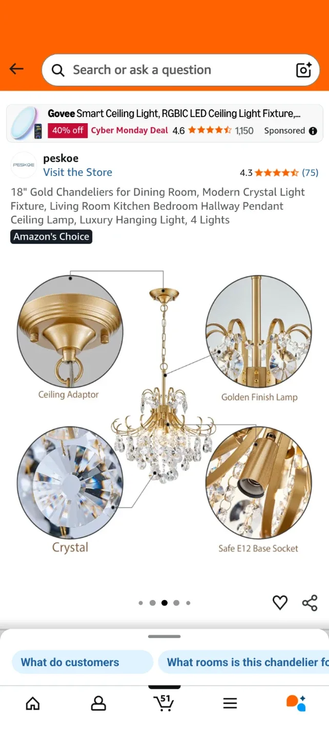 Peskoe 18" Gold Crystal Chandelier image indicator(5)