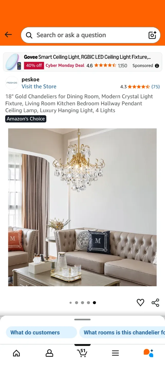 Peskoe 18" Gold Crystal Chandelier image indicator(6)