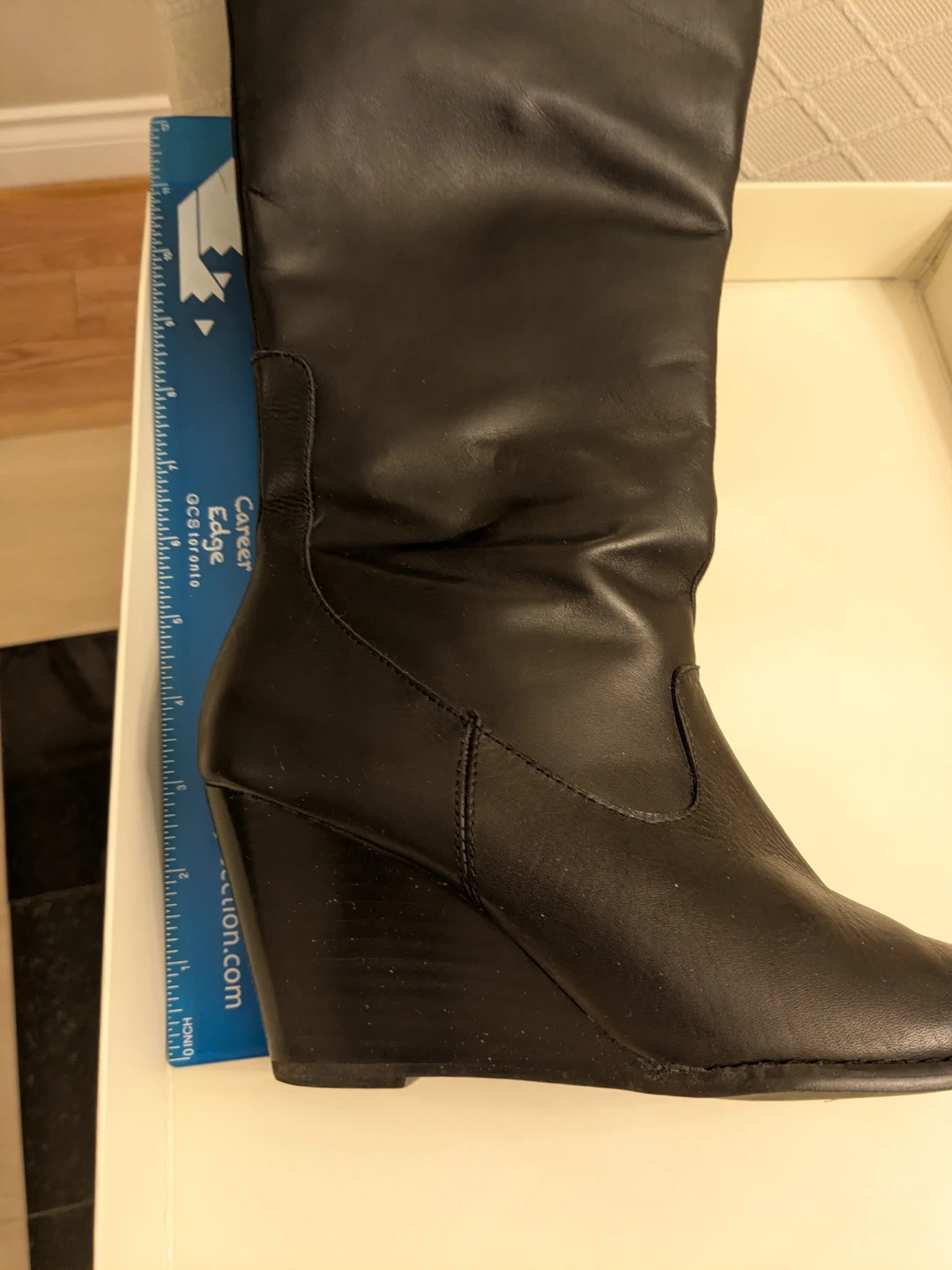 Black Leather Wedge Knee-High Boots - Size 38 - photo 4