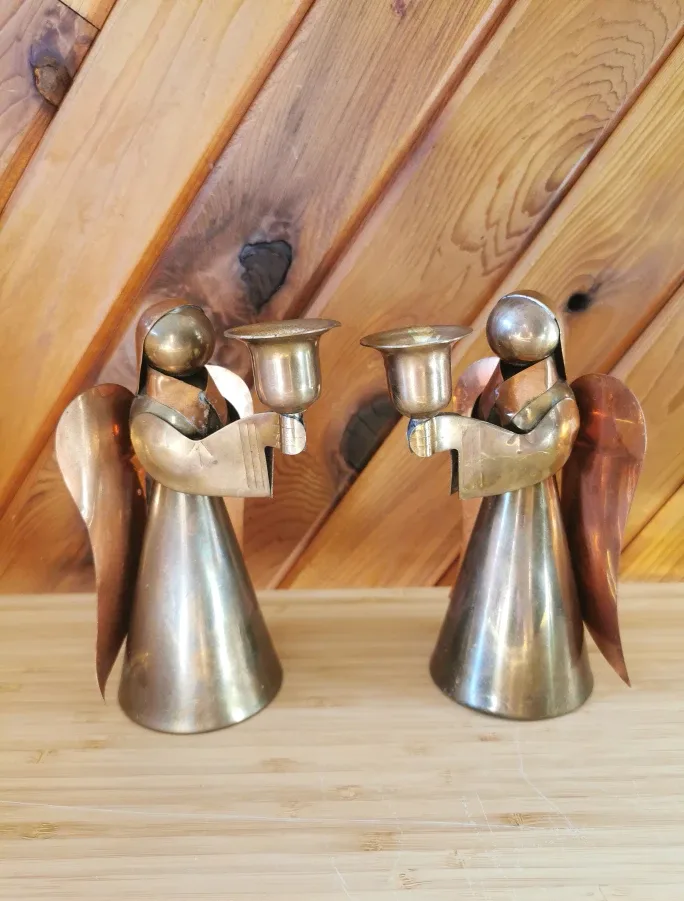 Set Of 2 Vintage Brass Copper Angel Candle Holders