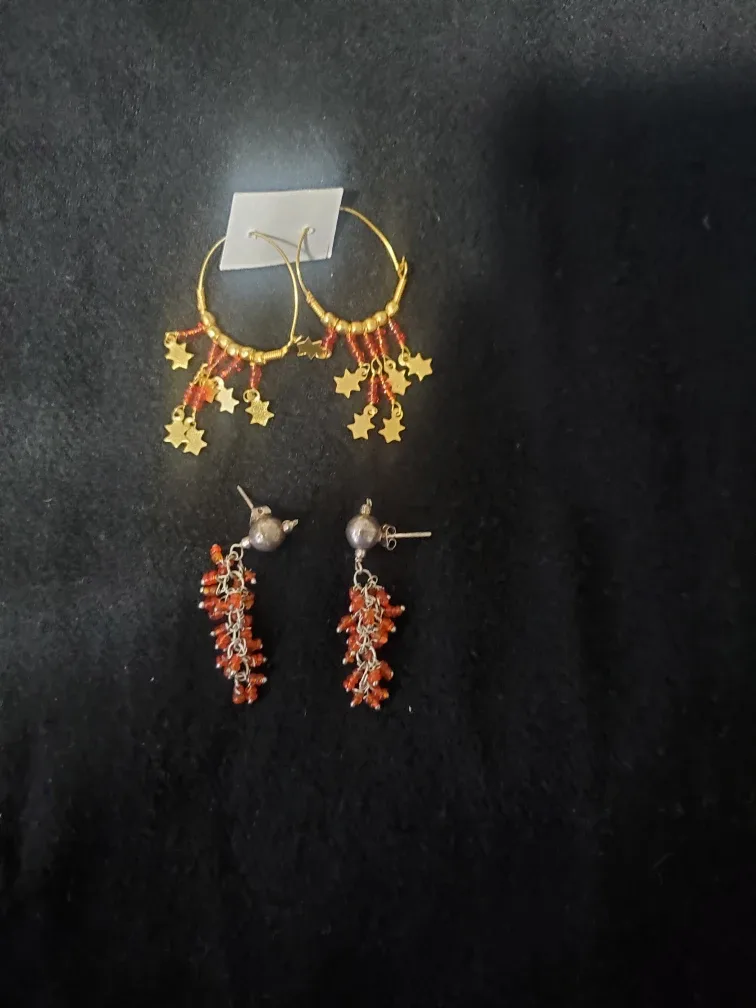 Earrings: Gold Hoops & Red Beaded Dangles
