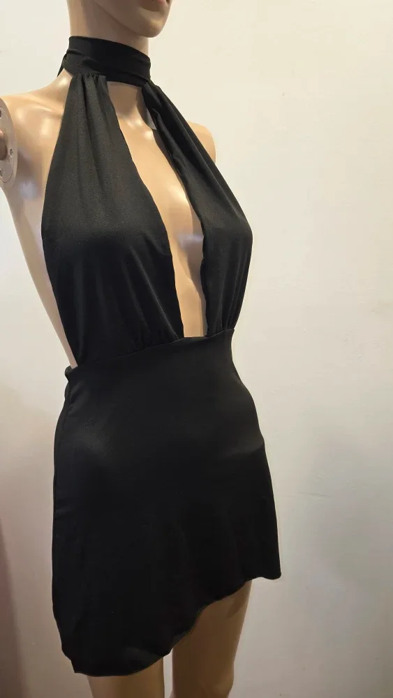 Black Halter Mini deep V Dress #Cleanout