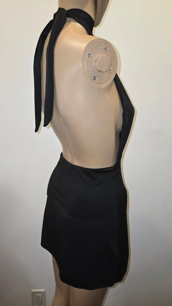 Black Halter Mini deep V Dress #Cleanout image indicator(2)