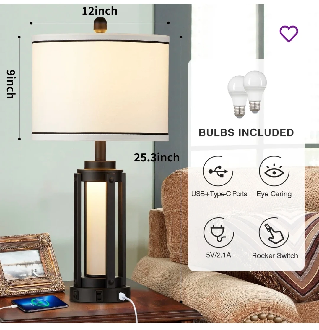 25" Black Bedside Table Lamps with charging ports and Nightlight - photo 2