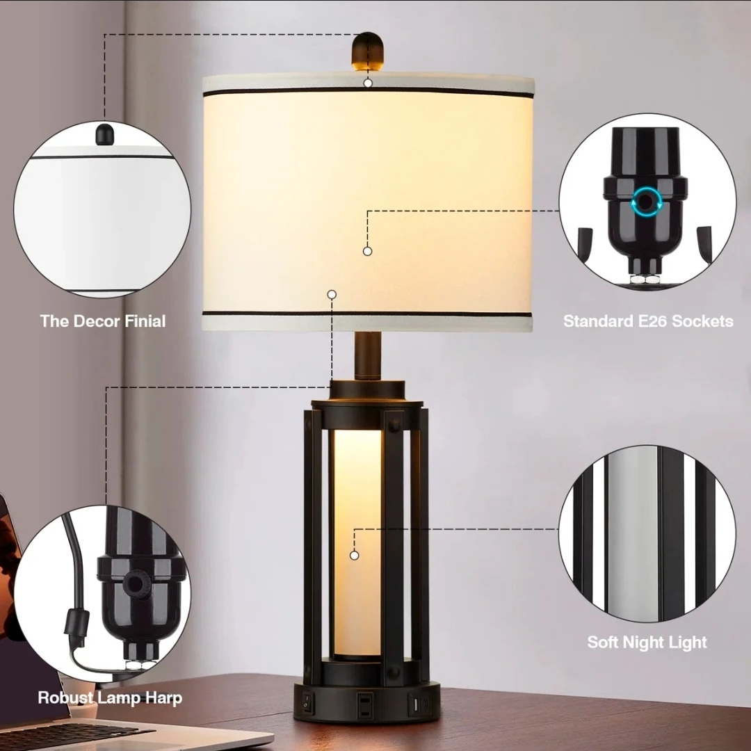 25" Black Bedside Table Lamps with charging ports and Nightlight - photo 3
