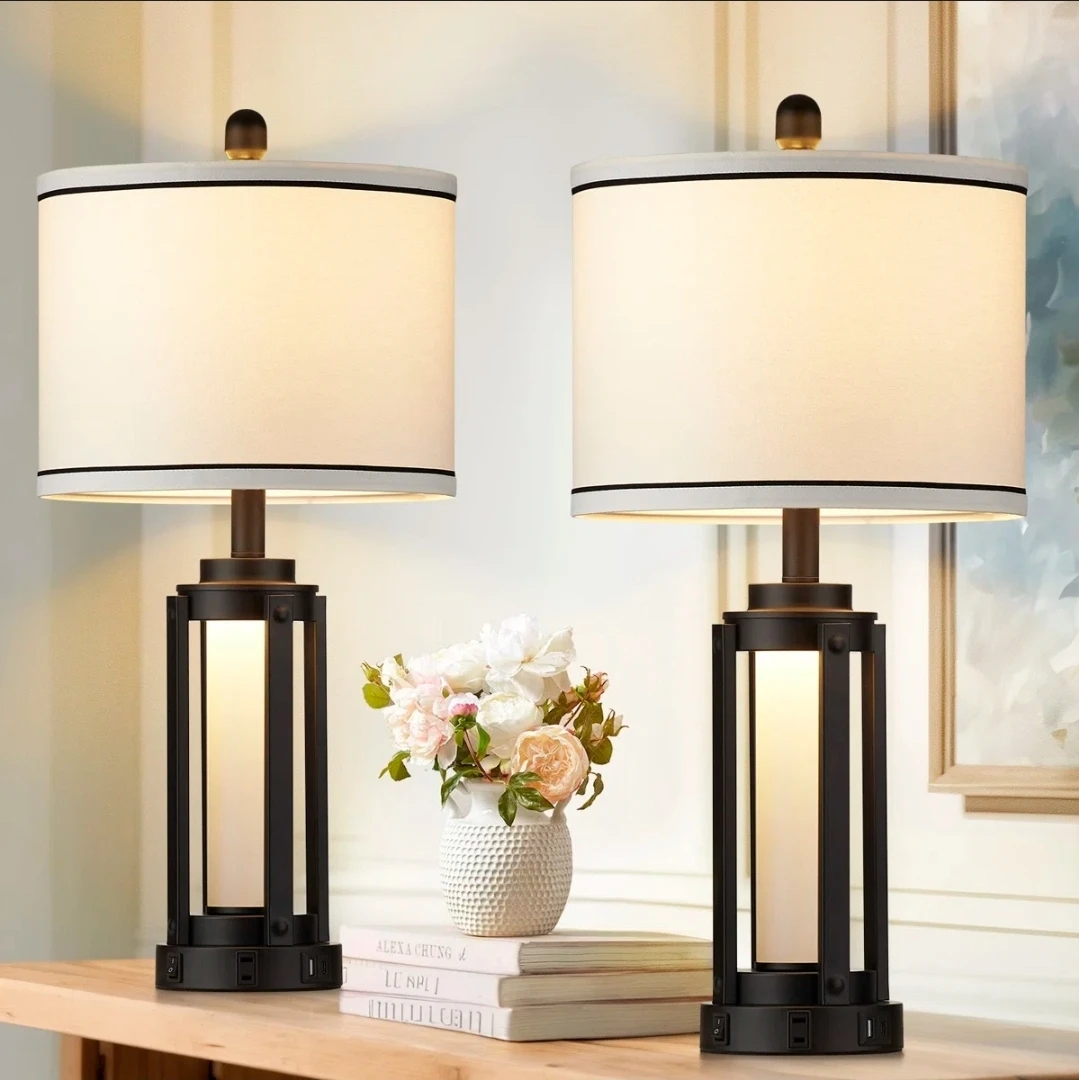 25" Black Bedside Table Lamps with charging ports and Nightlight