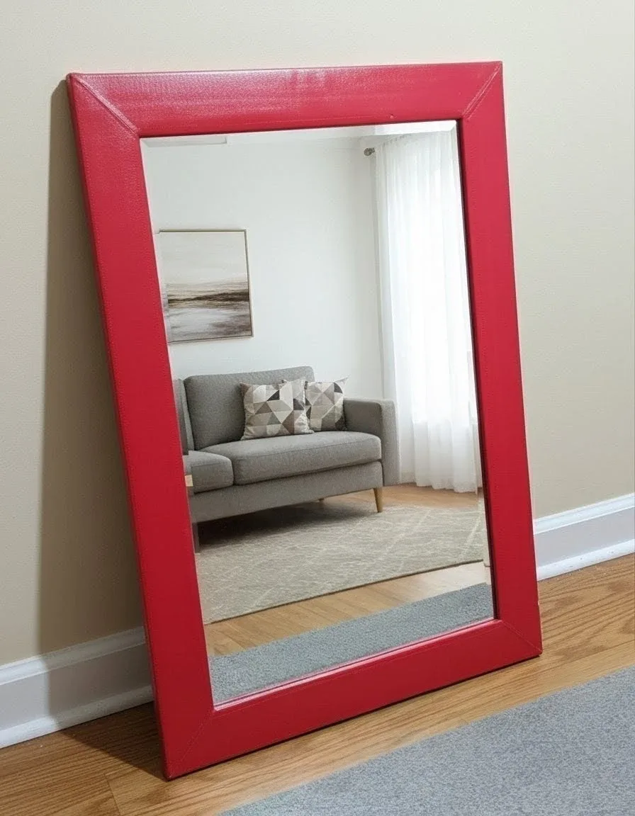 Beautiful Red leather Framed Wall Mirror For Sale.