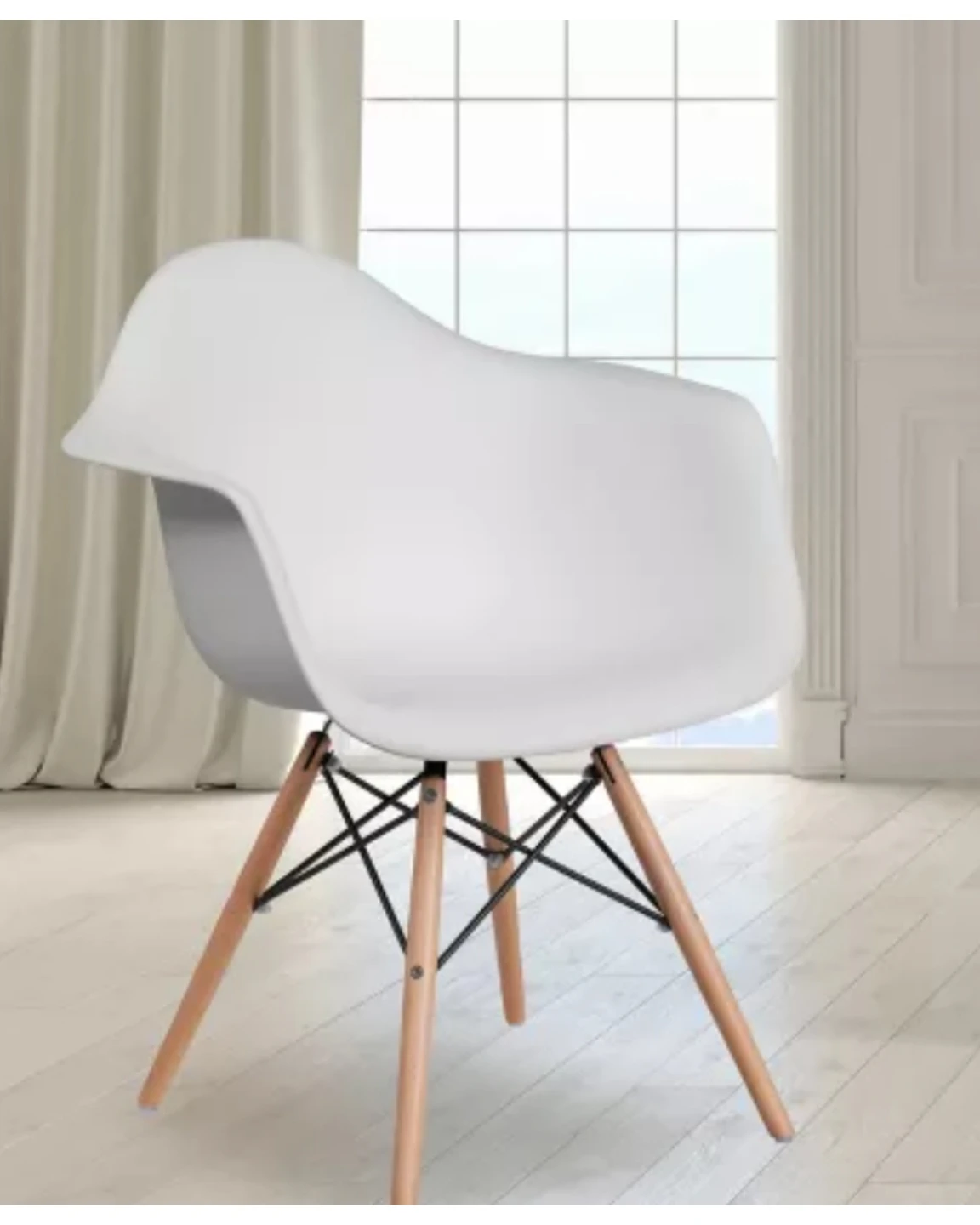 White Molded Plastic Armchair with Wood Legs