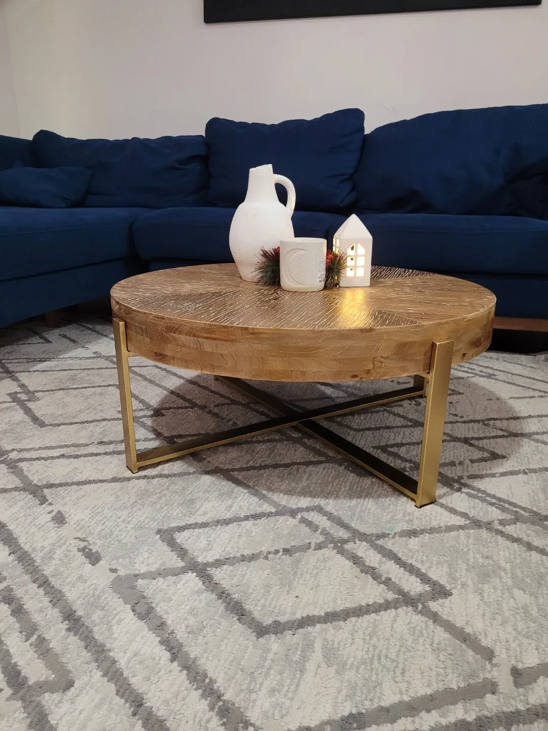Round Wood Coffee Table with Gold Legs