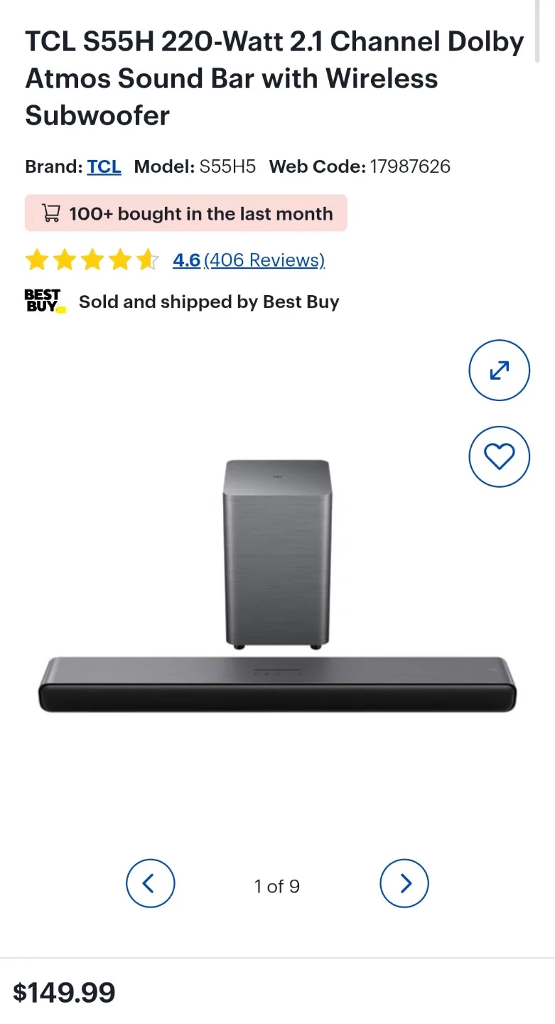 TCL 220-Watt 2.1CH Dolby Atmos Sound Bar, Wireless Sub $119.99