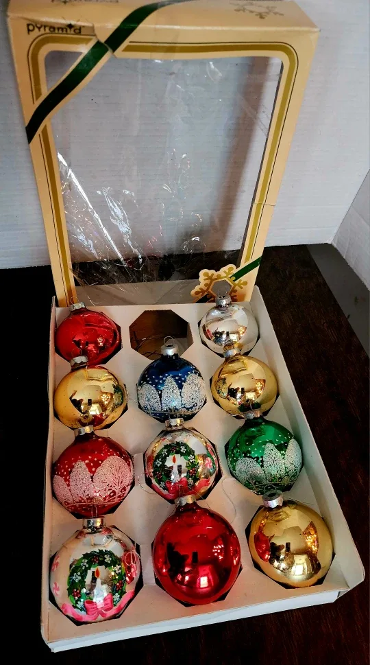 Vintage Pyramid Glass Christmas Ornaments, Box of 12